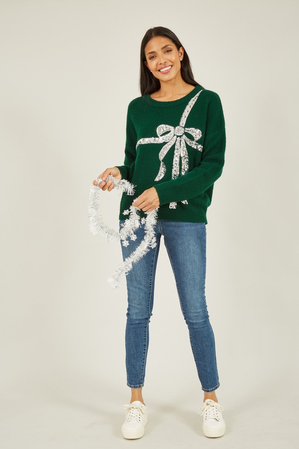 Yumi Green Sequin Bow Knitted Jumper