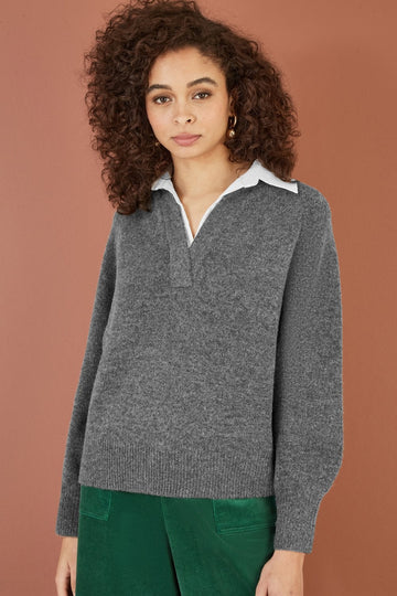 Yumi Grey Knitted Jumper With Collar Detail