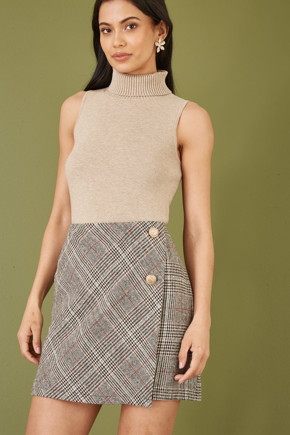 Yumi Oatmeal Knitted Roll Neck Sleeveless Jumper