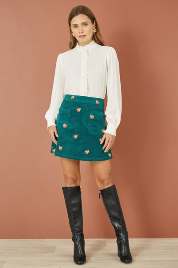 Yumi Teal Fox Embroidered Cord Mini Skirt