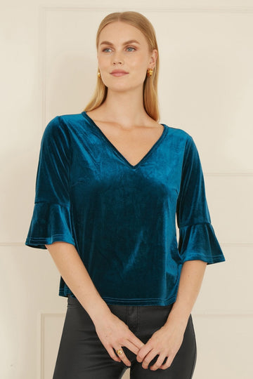 Yumi Teal Velvet Relaxed Fit Top With Fluted Sleeves